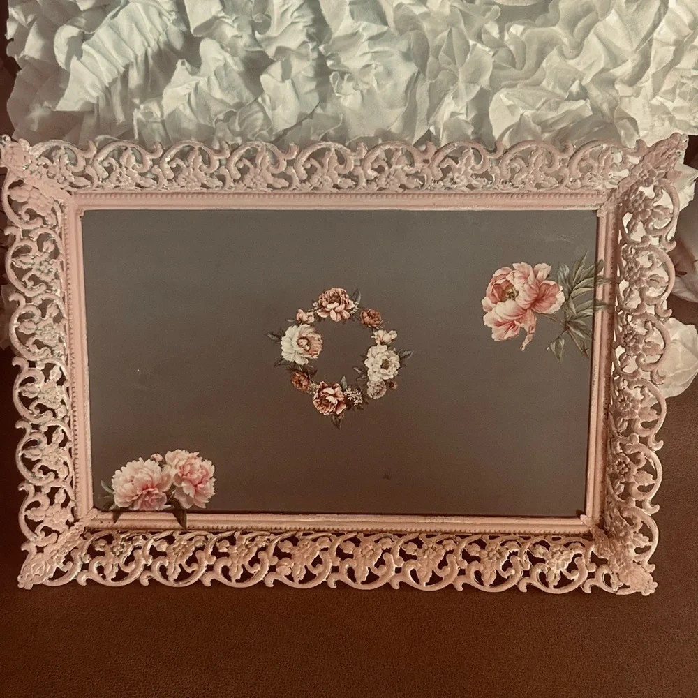 Gorgeous Vintage Pink Roses Brass metal glass serving or Vanity Tray Upcycled